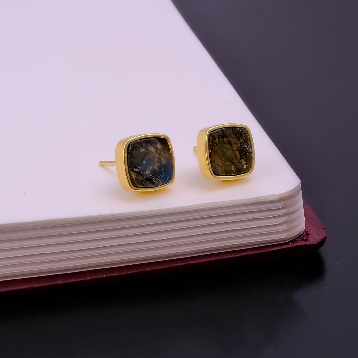 Natural Labradorite Cushion Shape, Gold Plated Bezel Set Stud Earrings CE - 1004