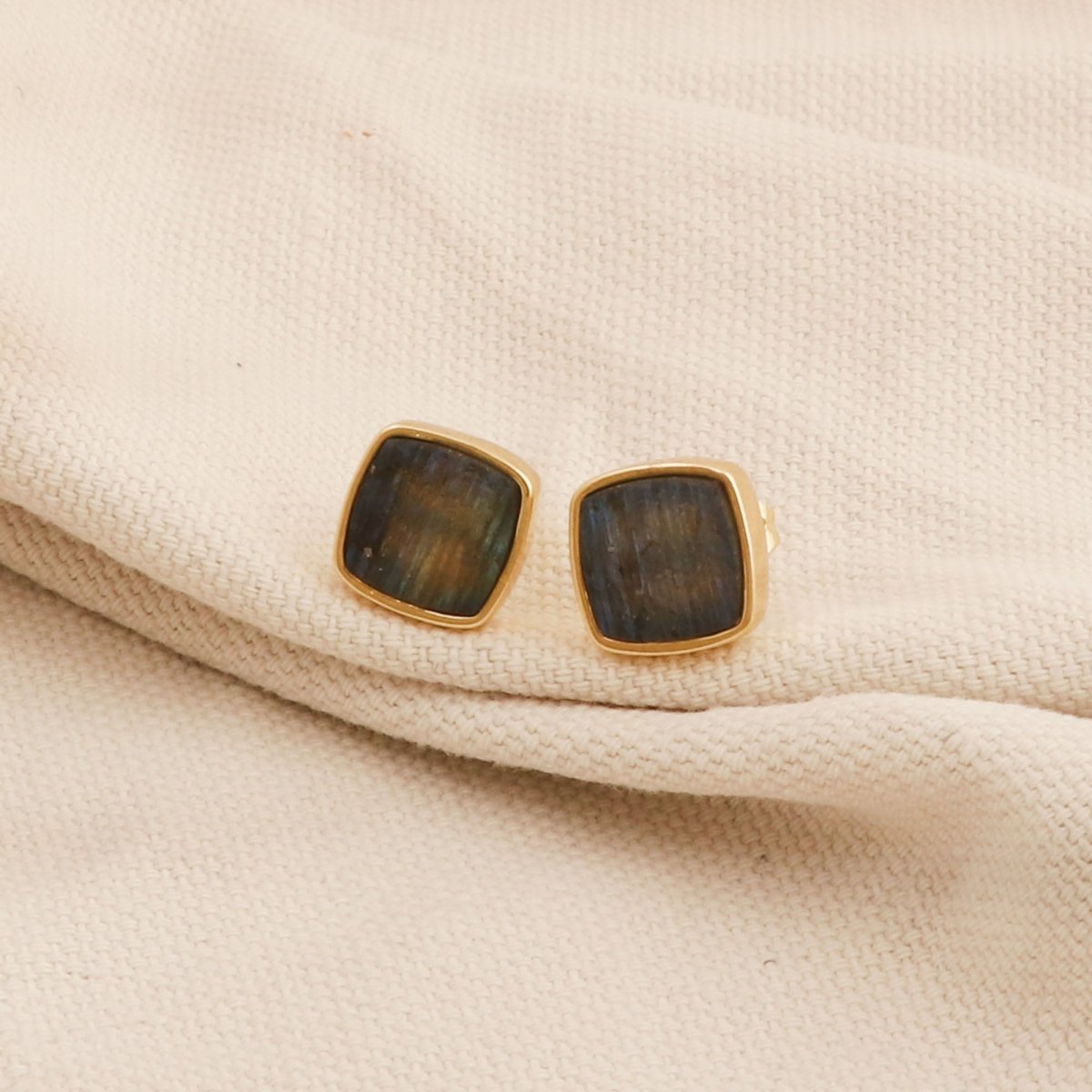 Natural Labradorite Cushion Shape, Gold Plated Bezel Set Stud Earrings CE - 1004