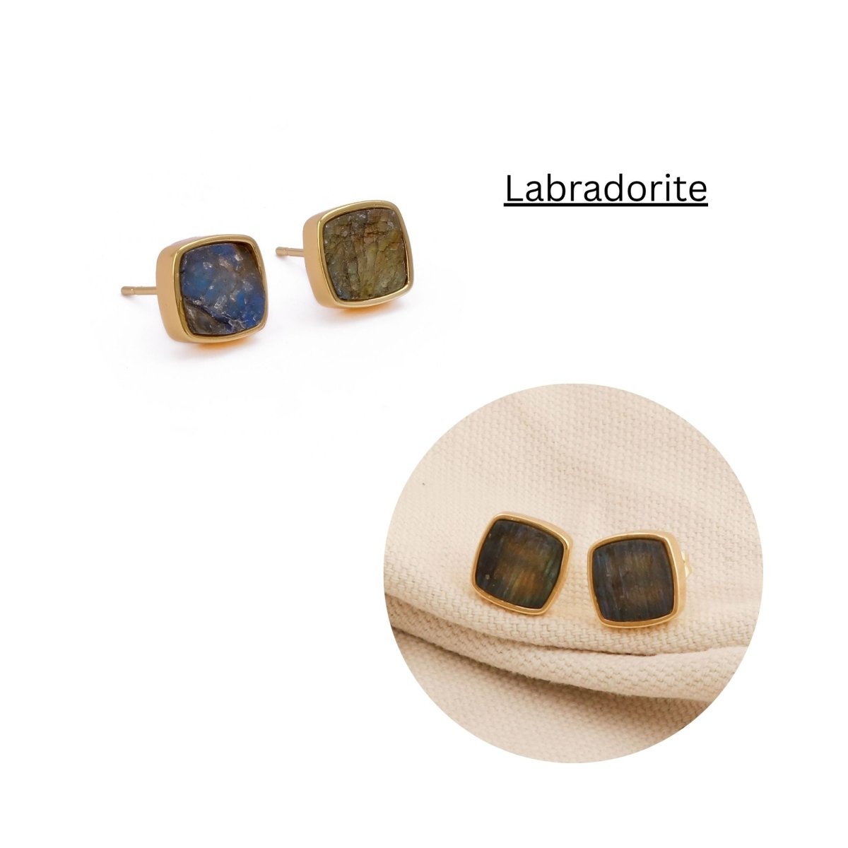 Natural Labradorite Cushion Shape, Gold Plated Bezel Set Stud Earrings CE - 1004