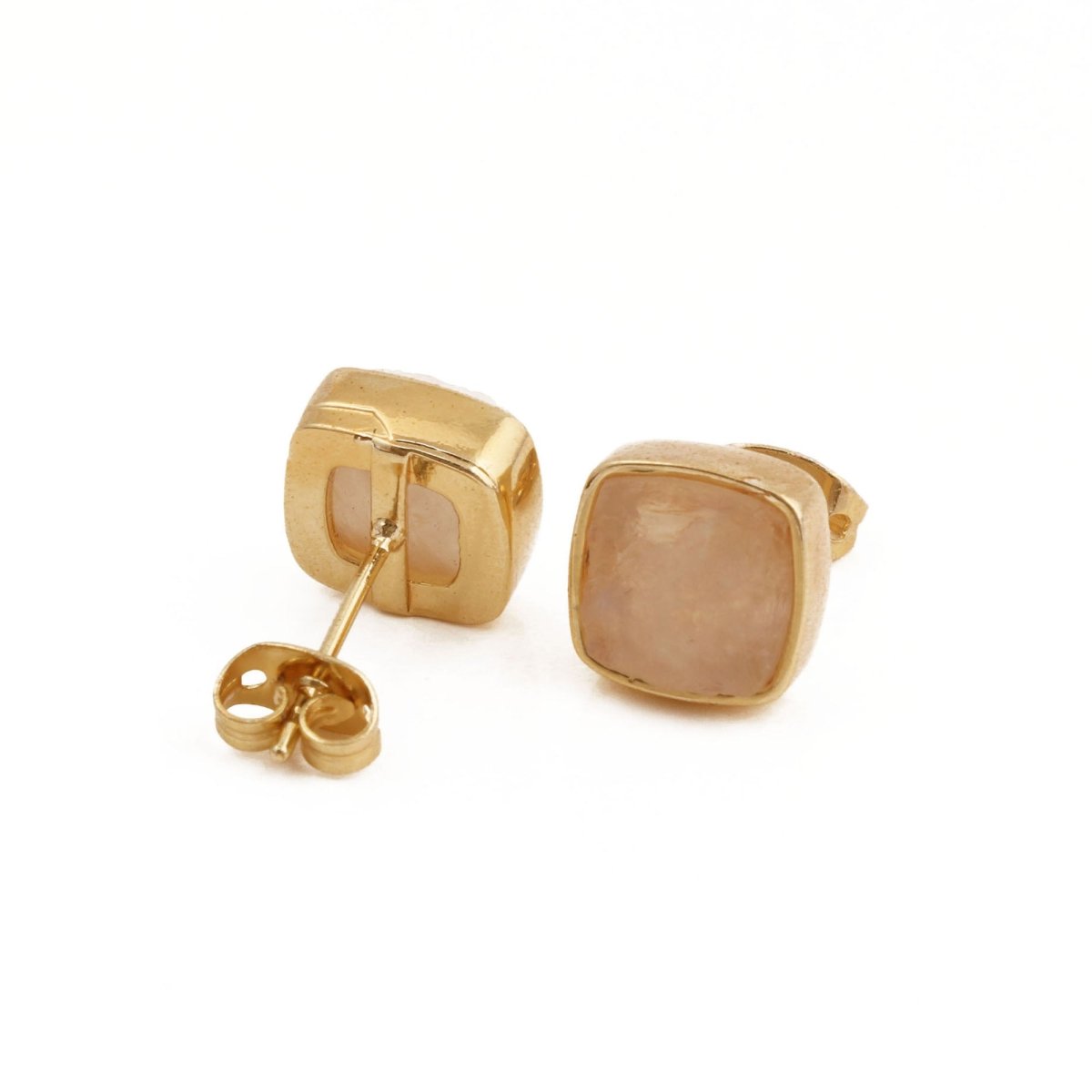 Natural Labradorite Cushion Shape, Gold Plated Bezel Set Stud Earrings CE - 1004