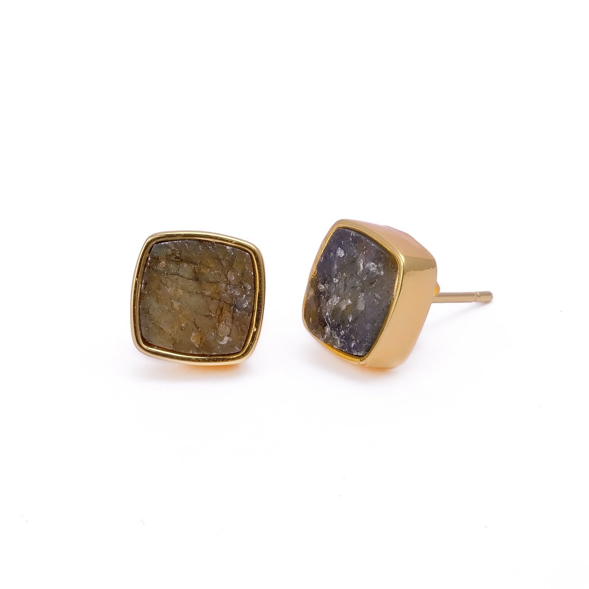 Natural Labradorite Cushion Shape, Gold Plated Bezel Set Stud Earrings CE - 1004