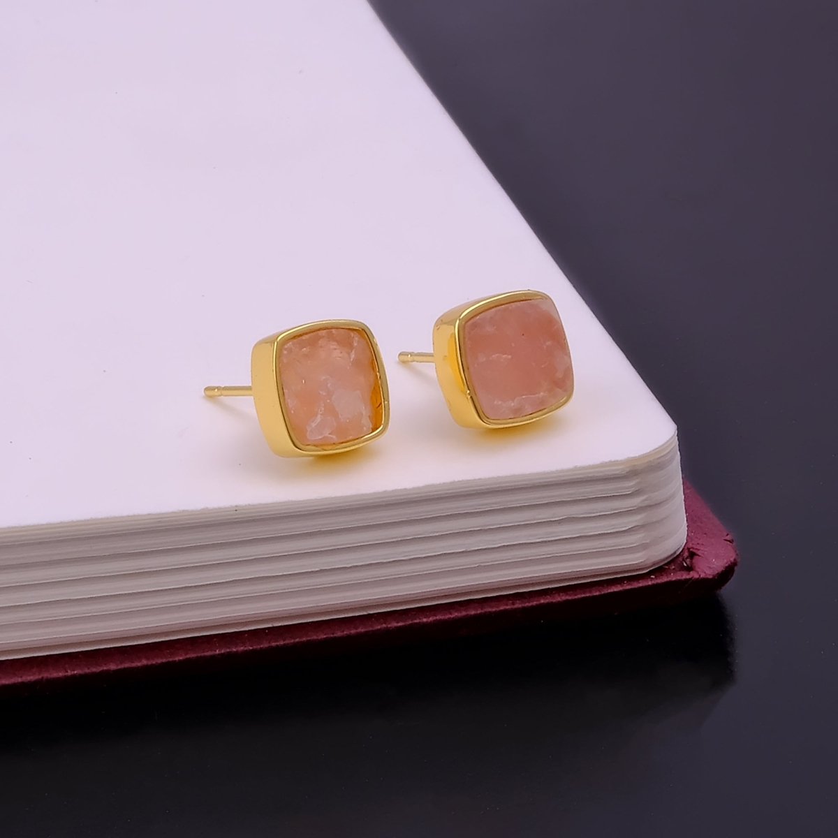 Natural Labradorite Cushion Shape, Gold Plated Bezel Set Stud Earrings CE - 1004