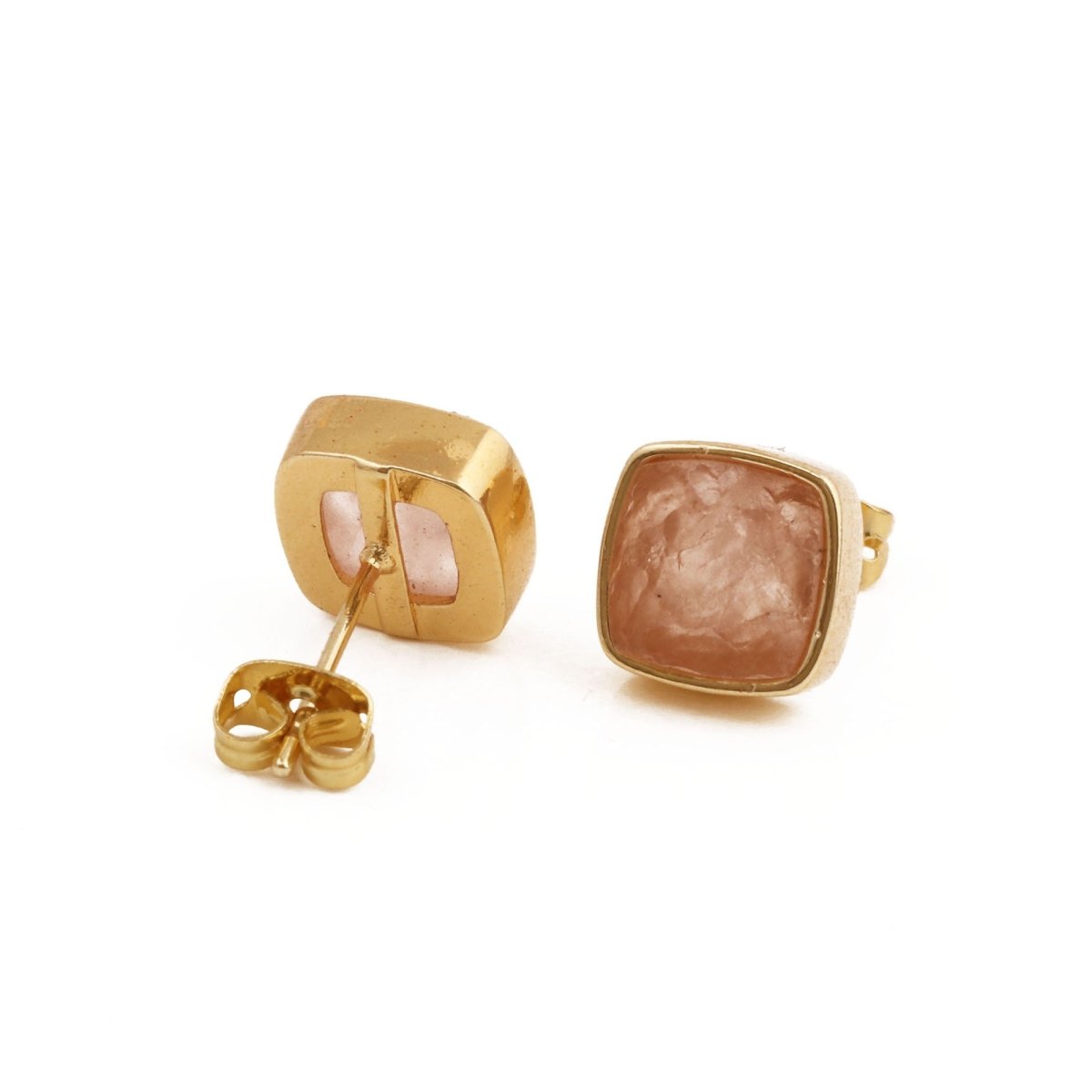 Natural Labradorite Cushion Shape, Gold Plated Bezel Set Stud Earrings CE - 1004