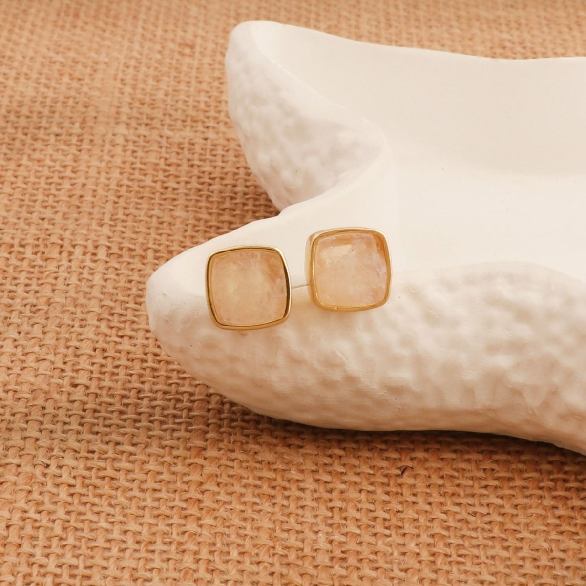 Natural Labradorite Cushion Shape, Gold Plated Bezel Set Stud Earrings CE - 1004