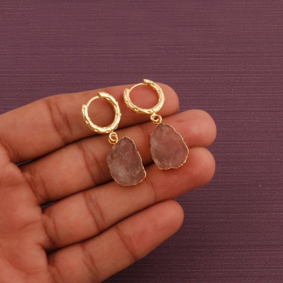 Natural Pink Strawberry Quartz Gemstone Hoop Earrings, Modern Boho Chic Jewelry 5216