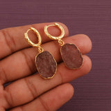 Natural Pink Strawberry Quartz Gemstone Hoop Earrings, Modern Boho Chic Jewelry 5216 Pink Strawberry Quartz