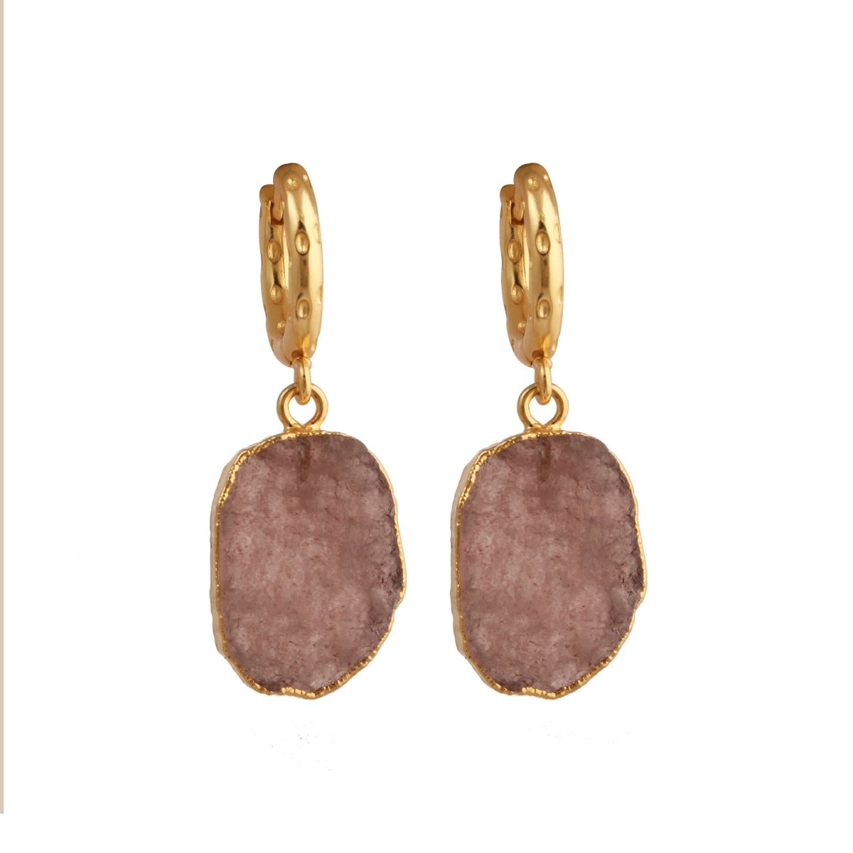 Natural Pink Strawberry Quartz Gemstone Hoop Earrings, Modern Boho Chic Jewelry 5216