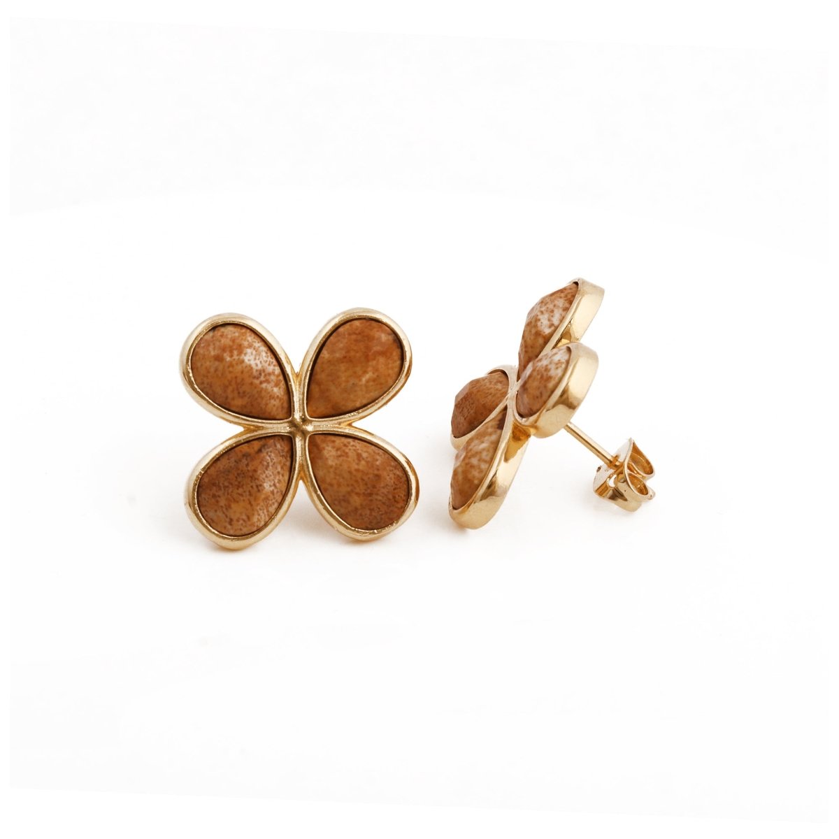 Natural Prehnite Four - Leaf Clover Stud Earrings, Gold Plated Jewelry CE - 1020
