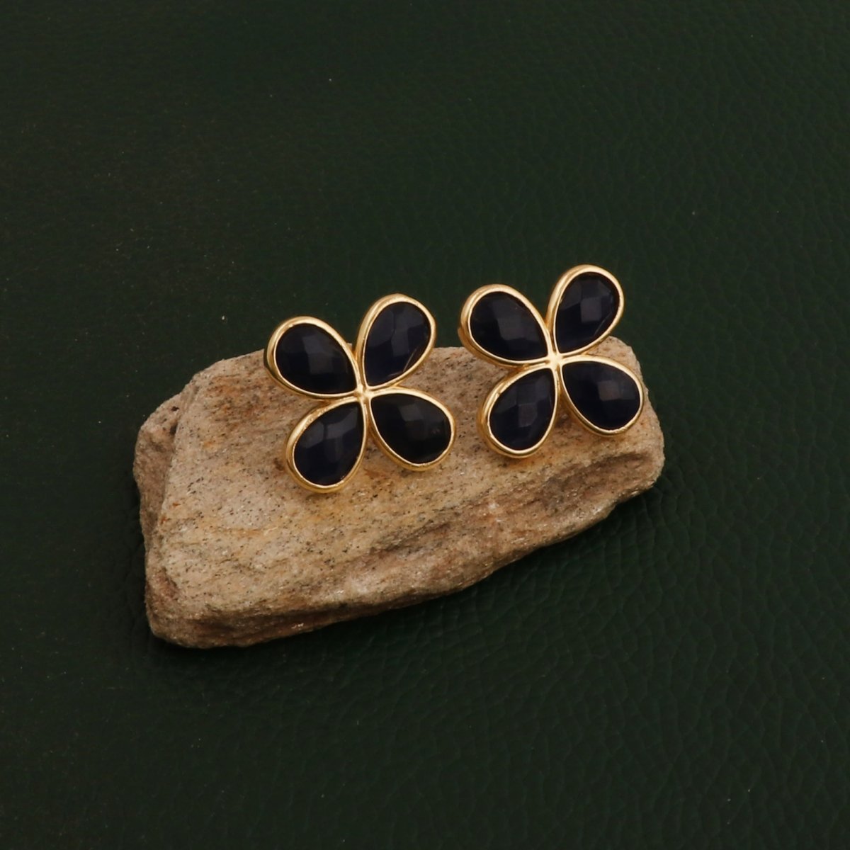 Natural Prehnite Four - Leaf Clover Stud Earrings, Gold Plated Jewelry CE - 1020