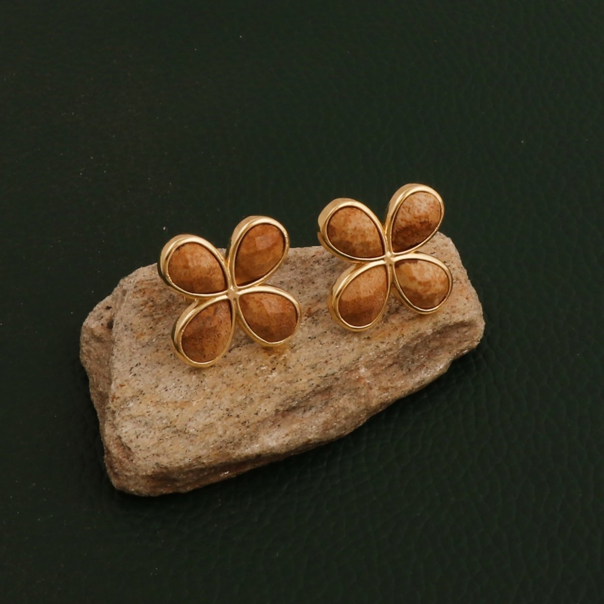Natural Prehnite Four - Leaf Clover Stud Earrings, Gold Plated Jewelry CE - 1020