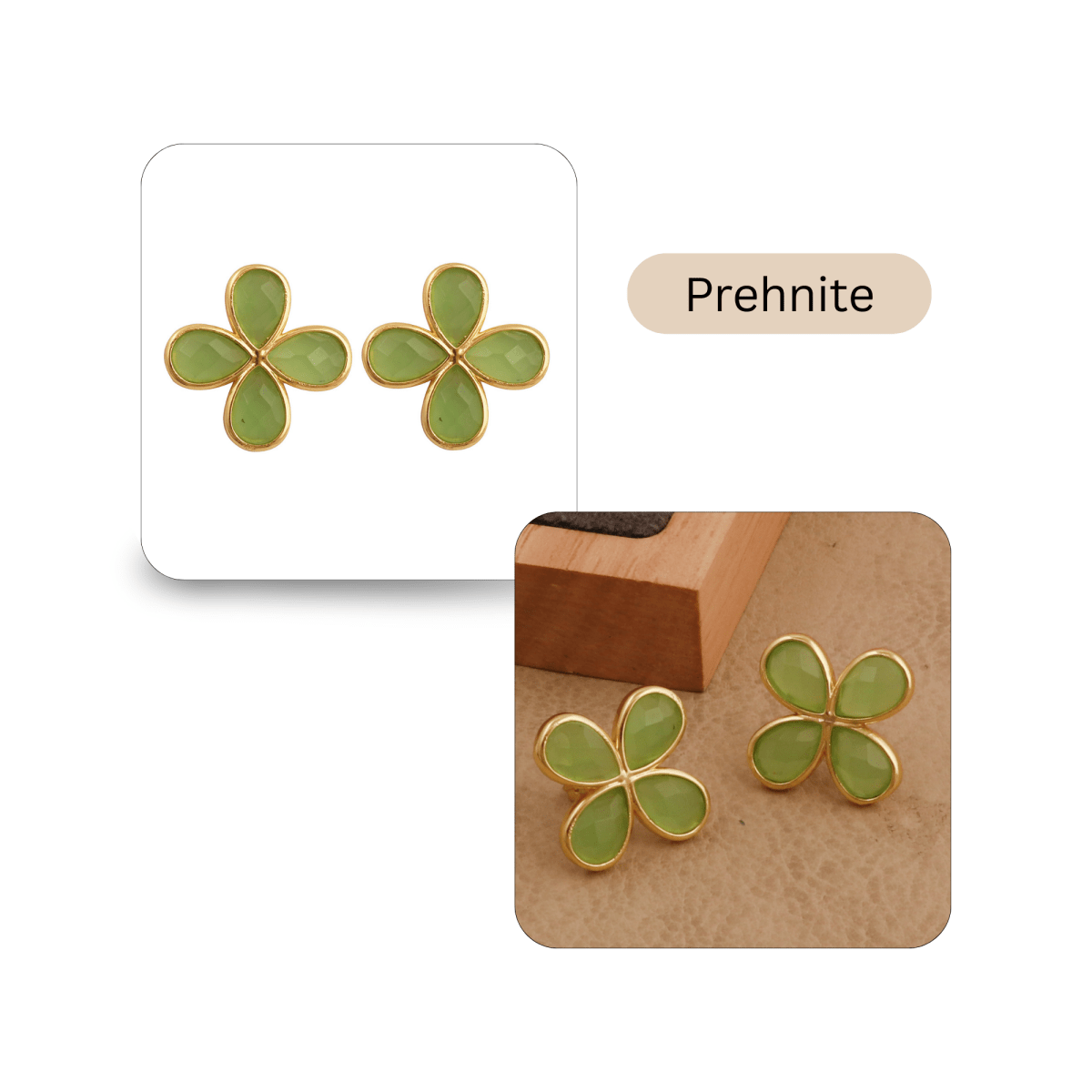 Natural Prehnite Four - Leaf Clover Stud Earrings, Gold Plated Jewelry CE - 1020