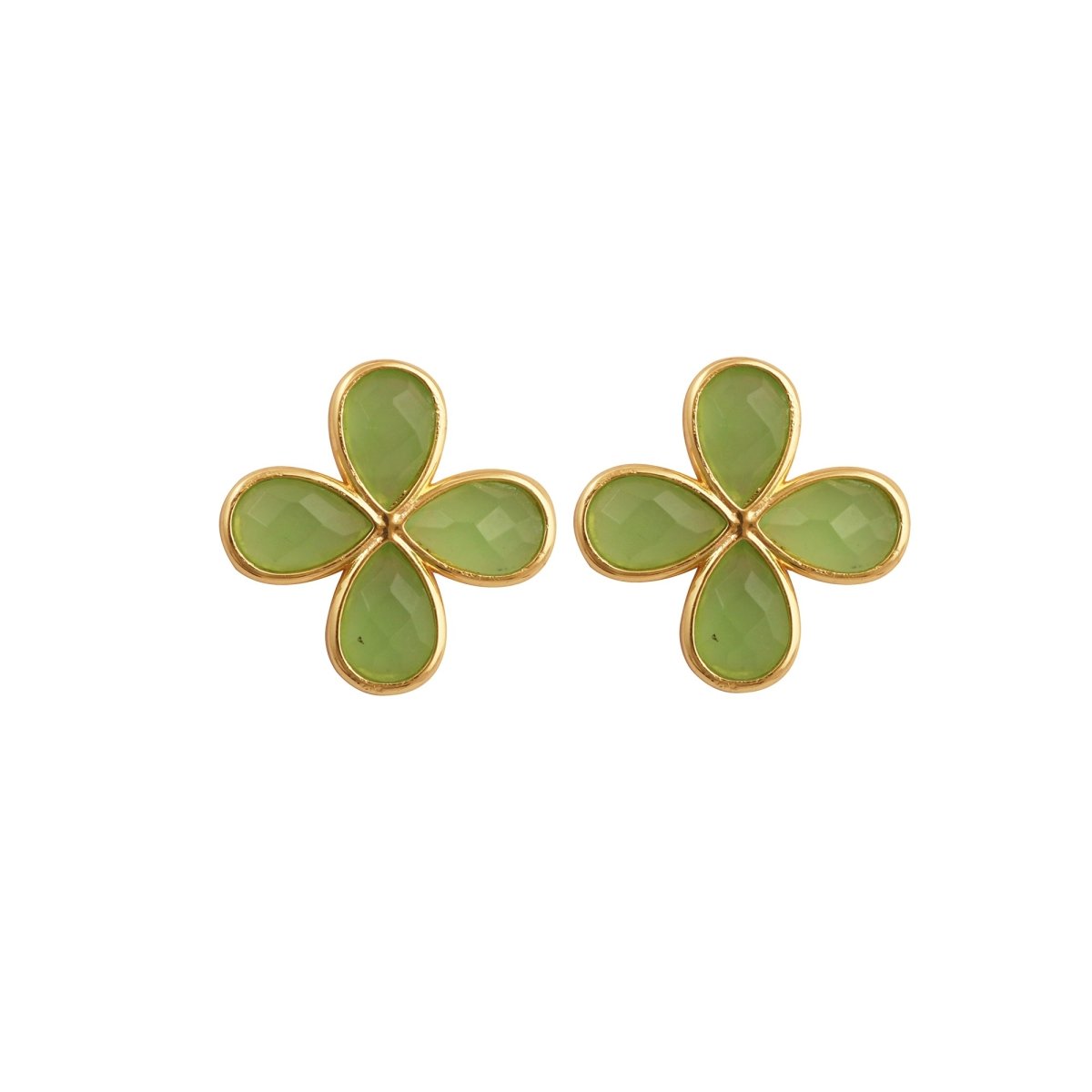Natural Prehnite Four - Leaf Clover Stud Earrings, Gold Plated Jewelry CE - 1020