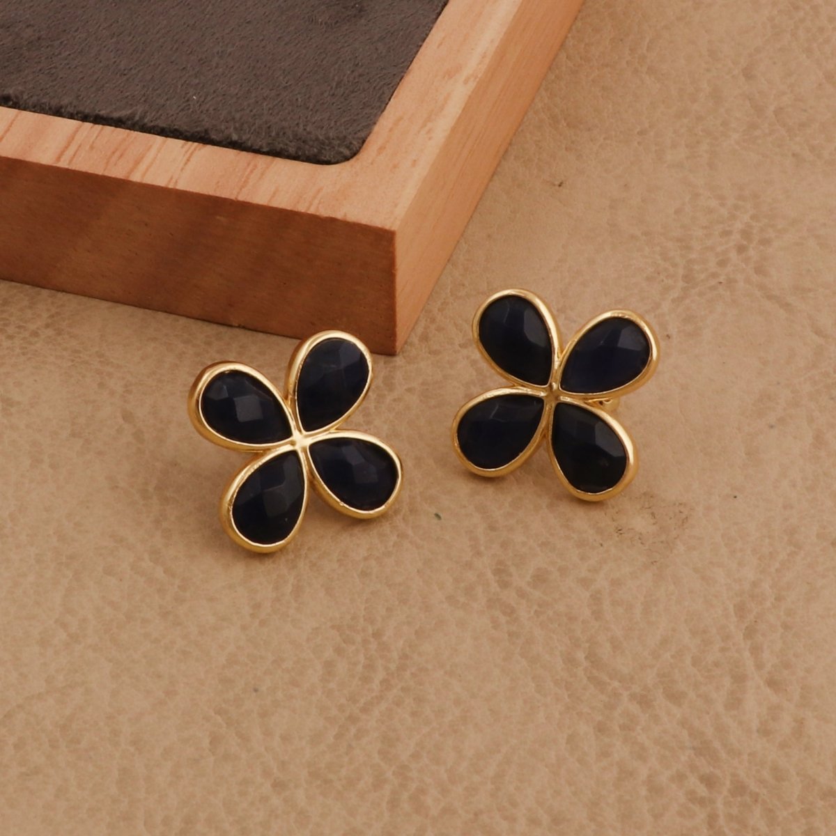 Natural Prehnite Four - Leaf Clover Stud Earrings, Gold Plated Jewelry CE - 1020