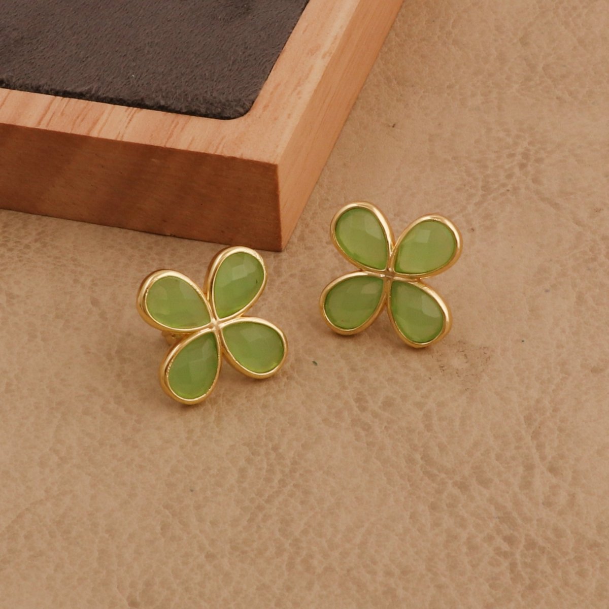 Natural Prehnite Four - Leaf Clover Stud Earrings, Gold Plated Jewelry CE - 1020
