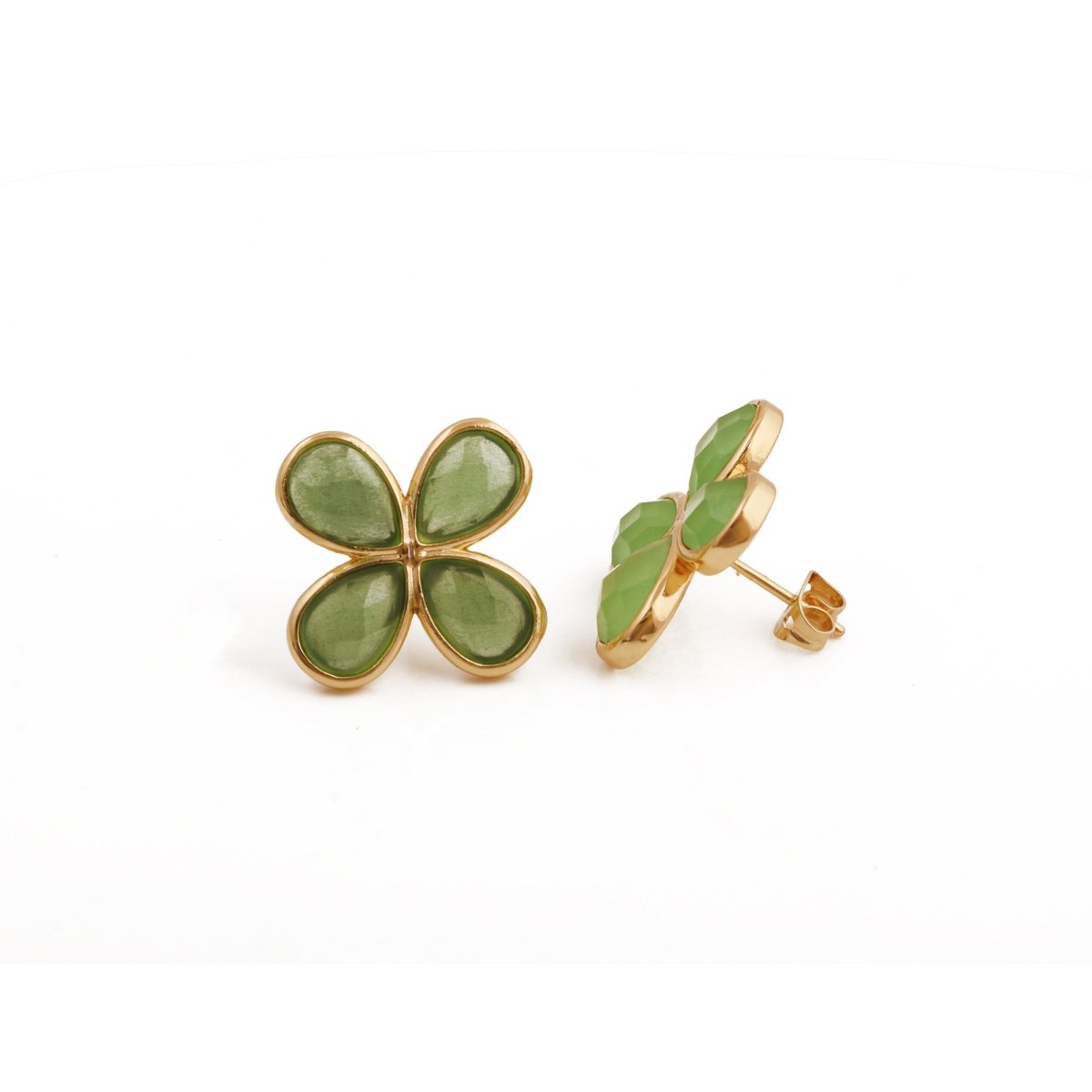 Natural Prehnite Four - Leaf Clover Stud Earrings, Gold Plated Jewelry CE - 1020