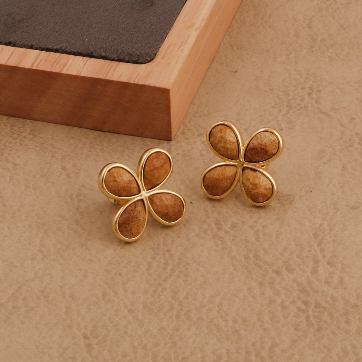 Natural Prehnite Four - Leaf Clover Stud Earrings, Gold Plated Jewelry CE - 1020