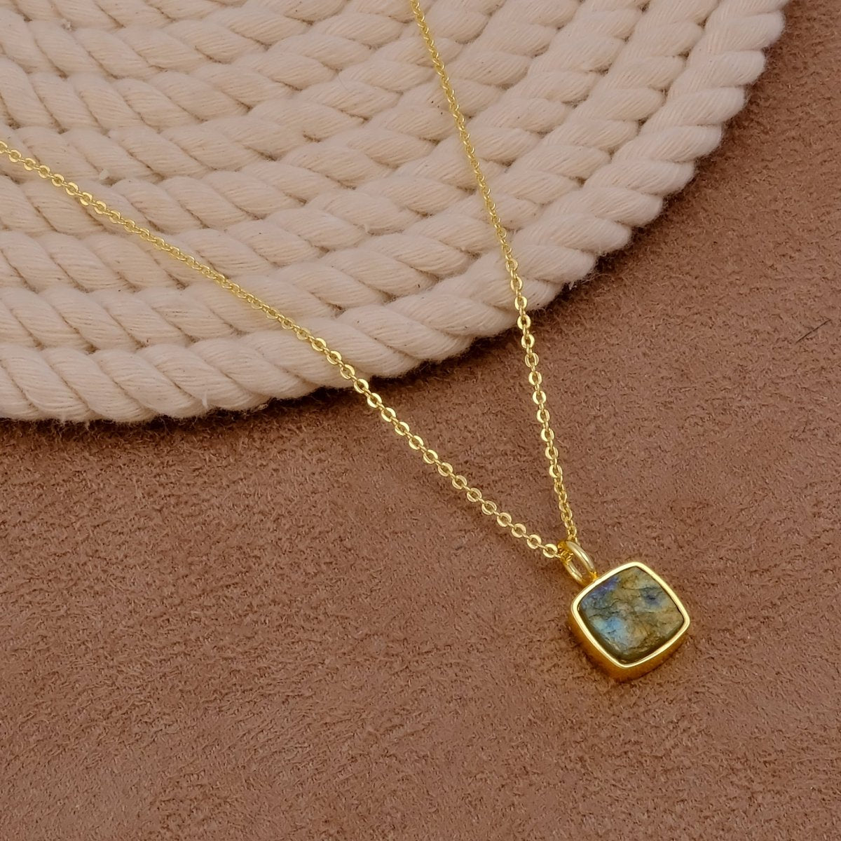 Natural Rainbow Moonstone Cushion Shape Necklace, Gold Plated Bezel Set Jewelry CN-1002 Labradorite