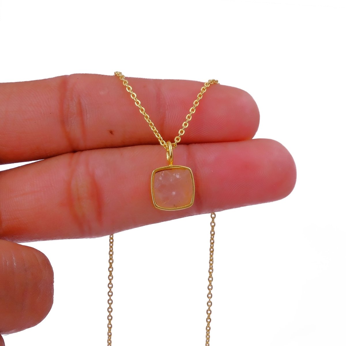 Natural Rainbow Moonstone Cushion Shape Necklace, Gold Plated Bezel Set Jewelry CN-1002