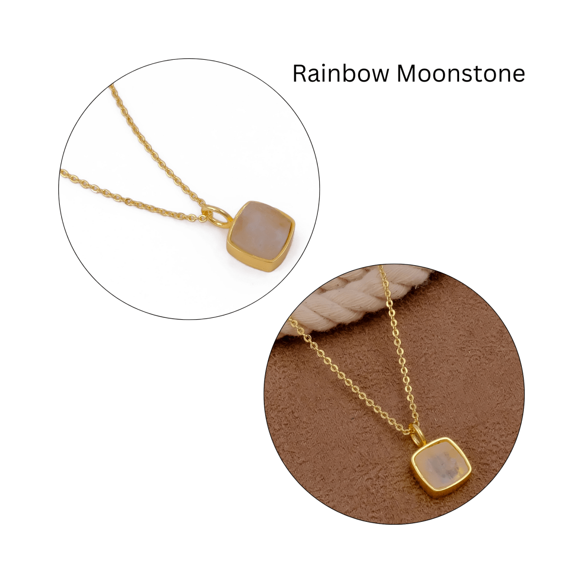 Natural Rainbow Moonstone Cushion Shape Necklace, Gold Plated Bezel Set Jewelry CN-1002