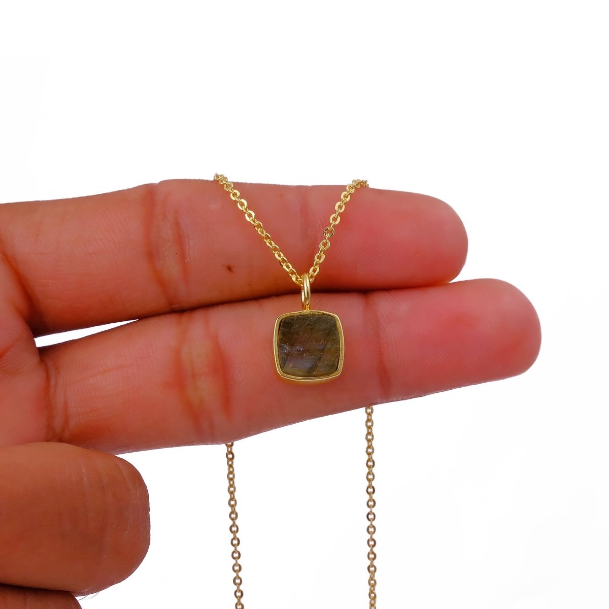 Natural Rainbow Moonstone Cushion Shape Necklace, Gold Plated Bezel Set Jewelry CN-1002