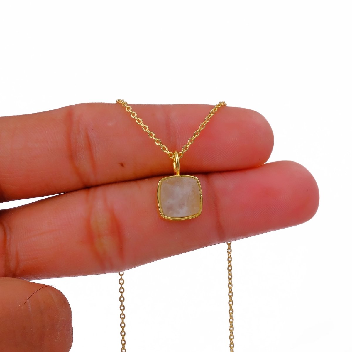 Natural Rainbow Moonstone Cushion Shape Necklace, Gold Plated Bezel Set Jewelry CN-1002
