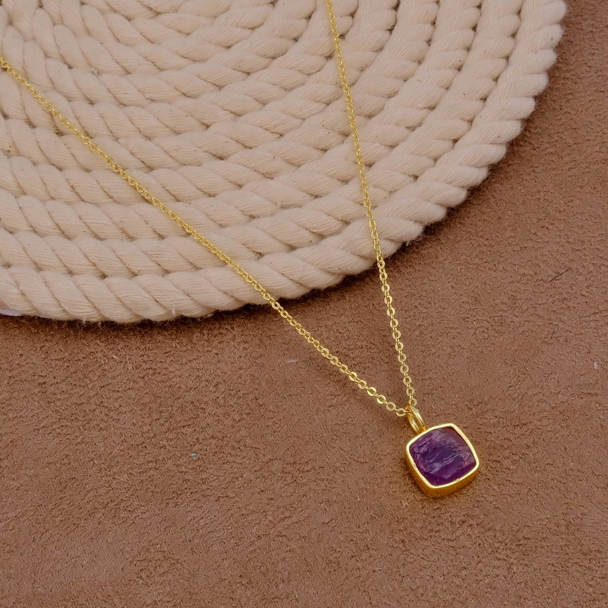 Natural Rainbow Moonstone Cushion Shape Necklace, Gold Plated Bezel Set Jewelry CN-1002 Puple Amethyst
