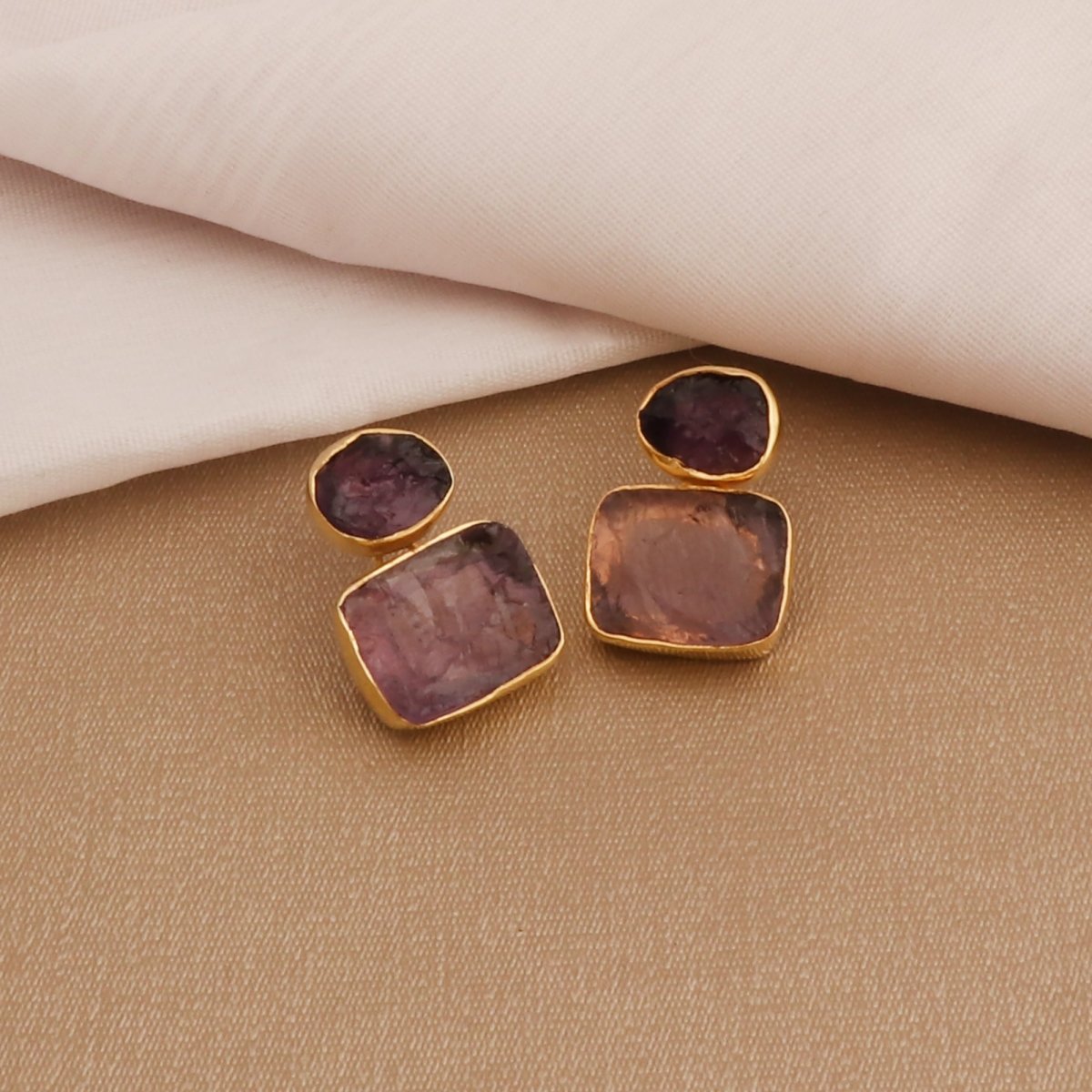 Natural Raw Rose Quartz Double Drop Earrings | Gold - Plated Brass Dangles 5027