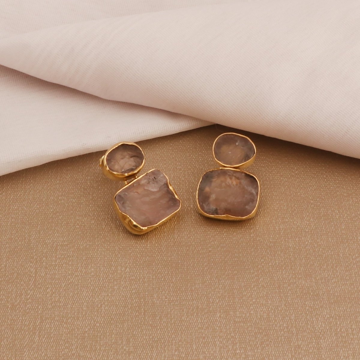 Natural Raw Rose Quartz Double Drop Earrings | Gold - Plated Brass Dangles 5027