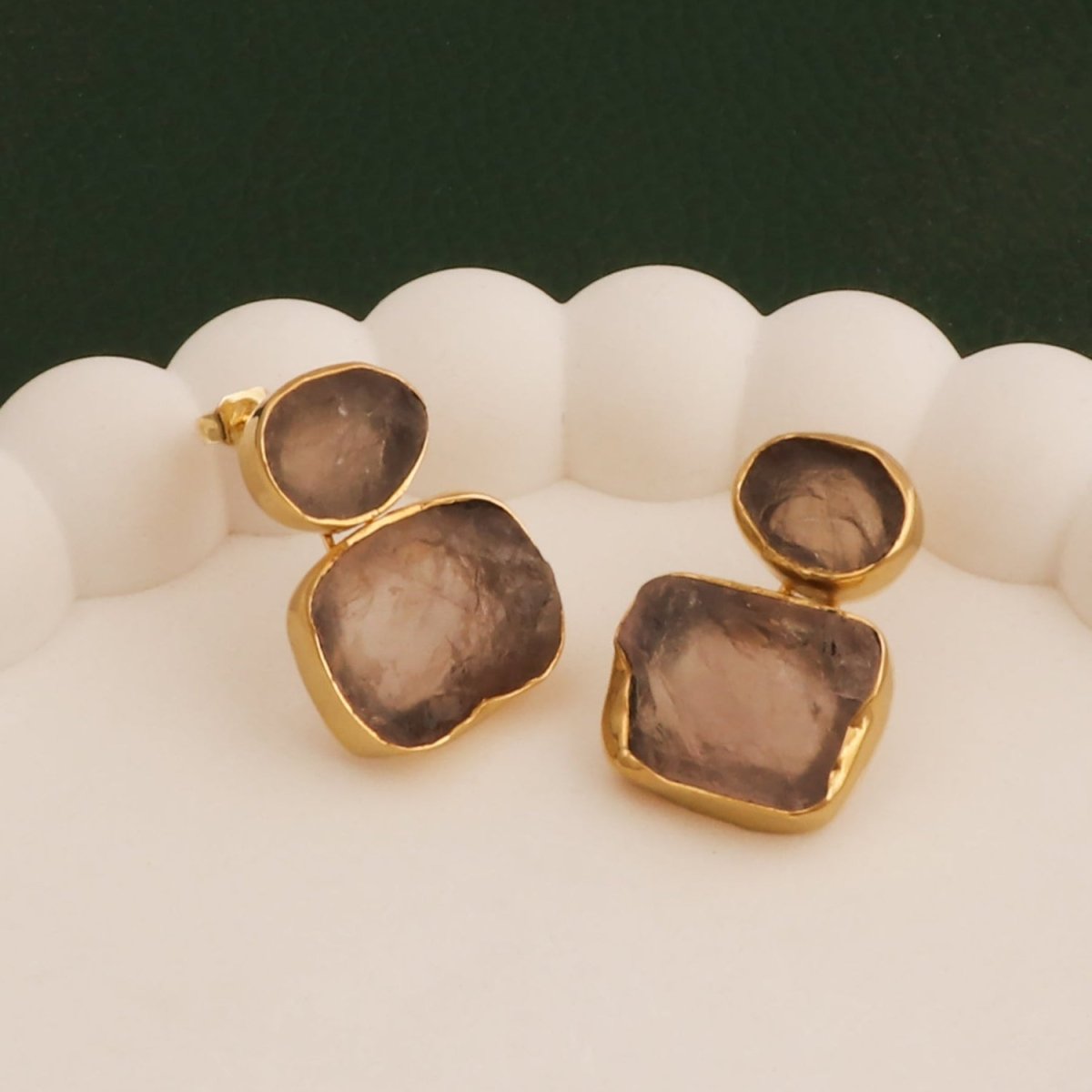 Natural Raw Rose Quartz Double Drop Earrings | Gold - Plated Brass Dangles 5027