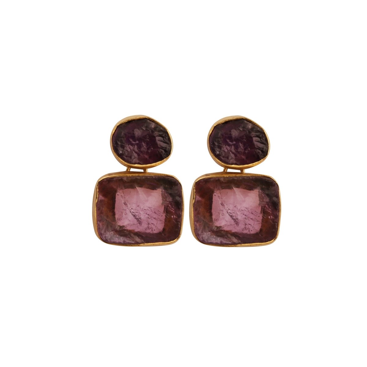 Natural Raw Rose Quartz Double Drop Earrings | Gold - Plated Brass Dangles 5027