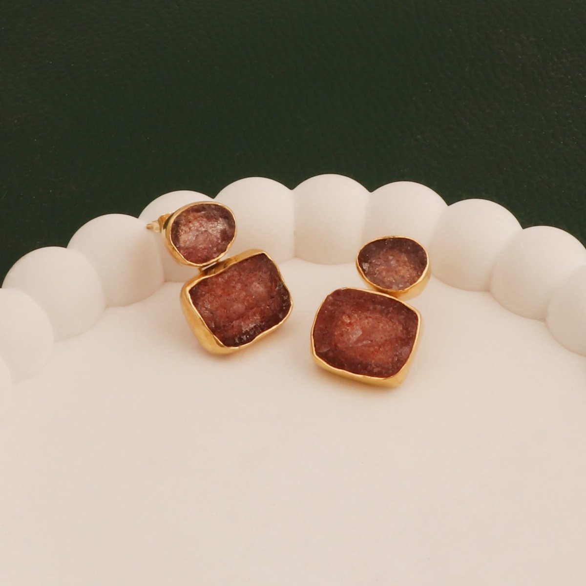 Natural Raw Rose Quartz Double Drop Earrings | Gold - Plated Brass Dangles 5027