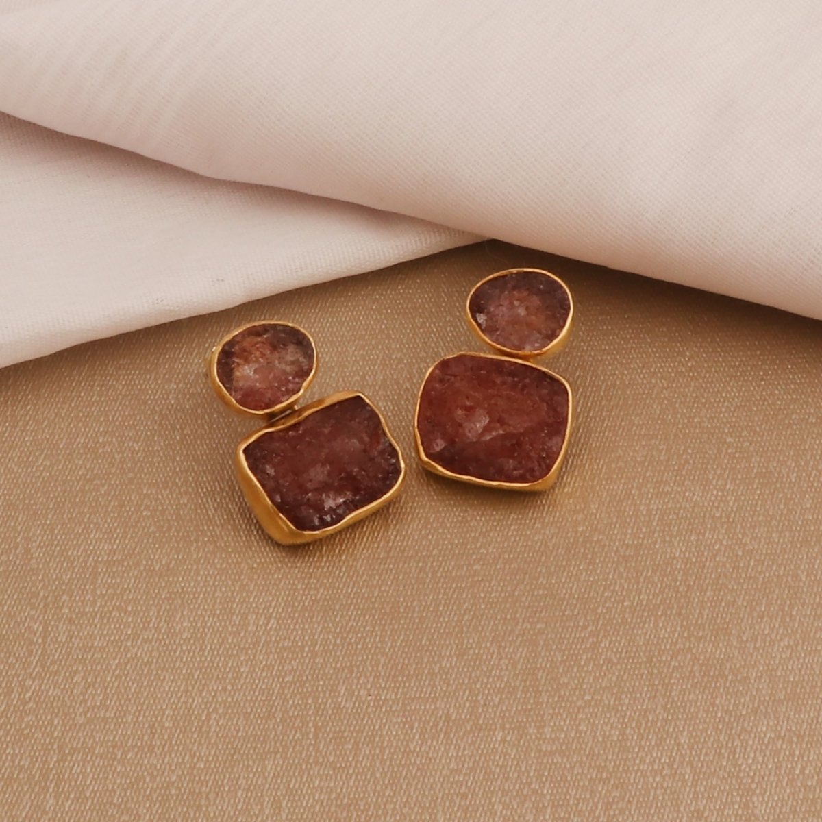 Natural Raw Rose Quartz Double Drop Earrings | Gold - Plated Brass Dangles 5027