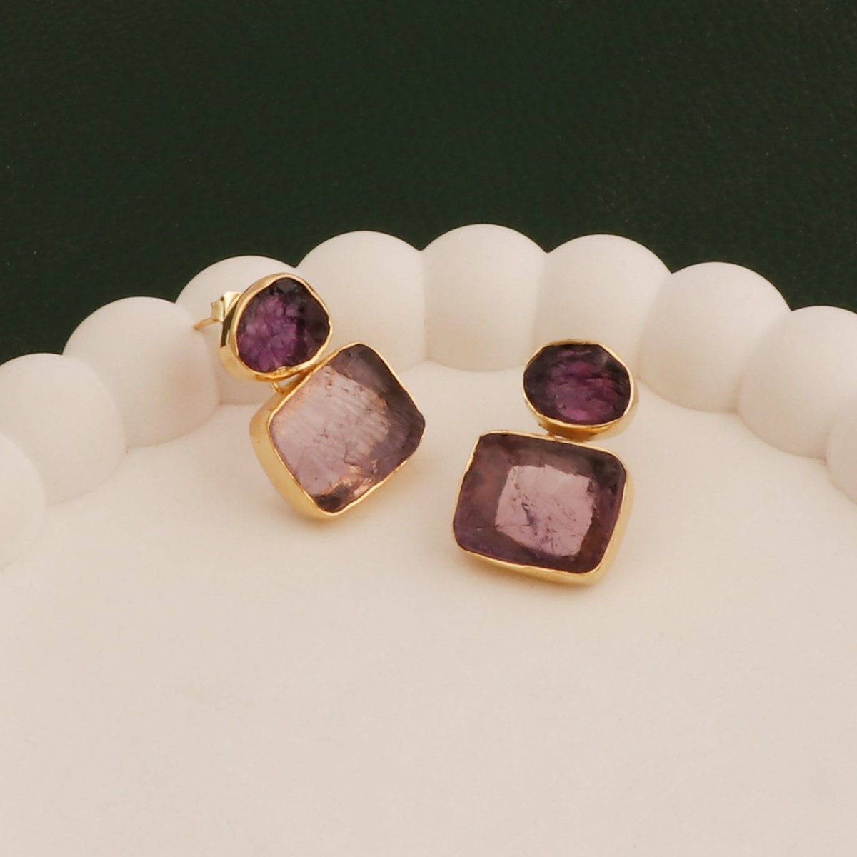 Natural Raw Rose Quartz Double Drop Earrings | Gold - Plated Brass Dangles 5027