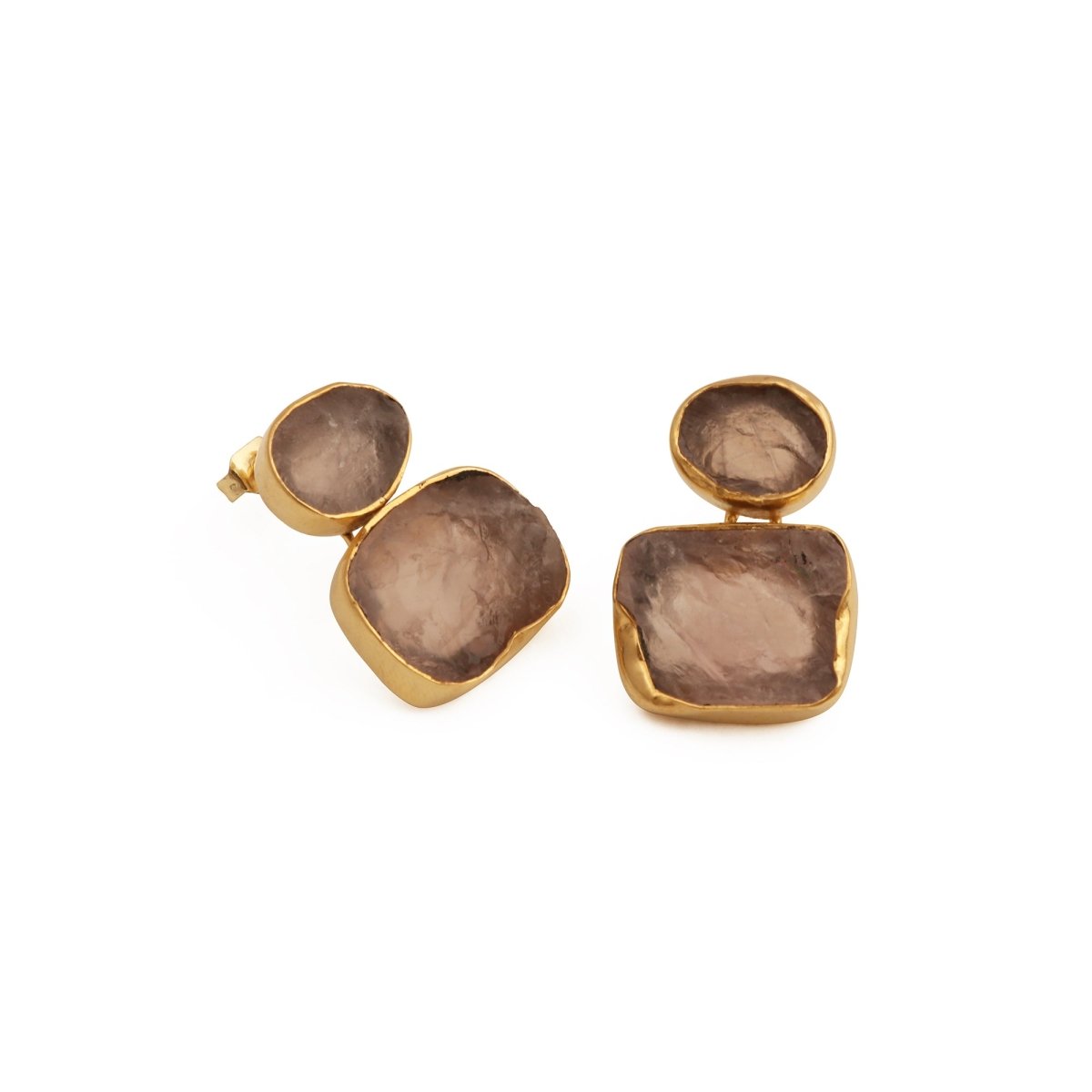 Natural Raw Rose Quartz Double Drop Earrings | Gold - Plated Brass Dangles 5027