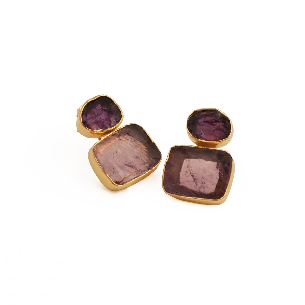 Natural Raw Rose Quartz Double Drop Earrings | Gold - Plated Brass Dangles 5027