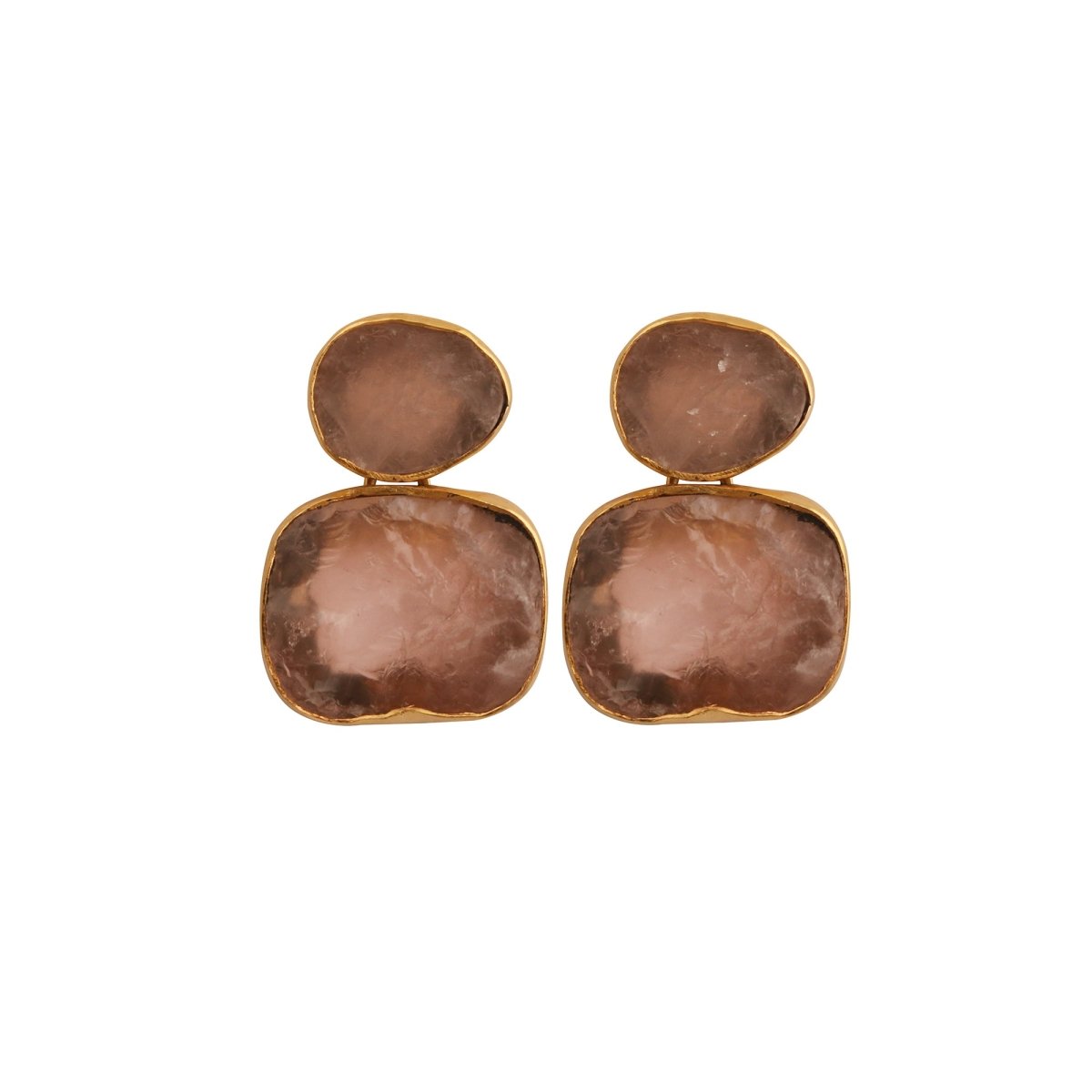 Natural Raw Rose Quartz Double Drop Earrings | Gold - Plated Brass Dangles 5027