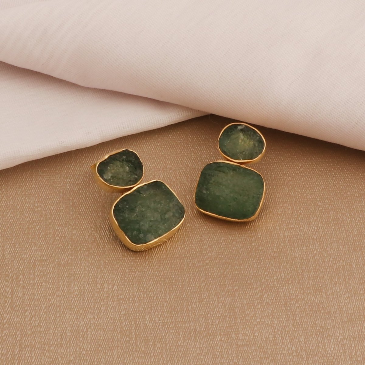 Natural Raw Rose Quartz Double Drop Earrings | Gold - Plated Brass Dangles 5027