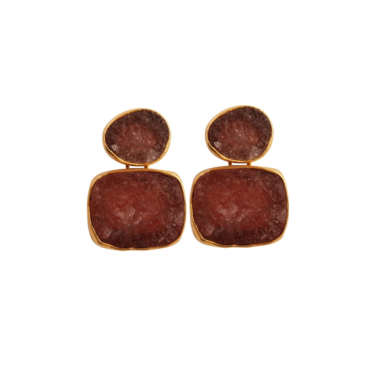 Natural Raw Rose Quartz Double Drop Earrings | Gold - Plated Brass Dangles 5027