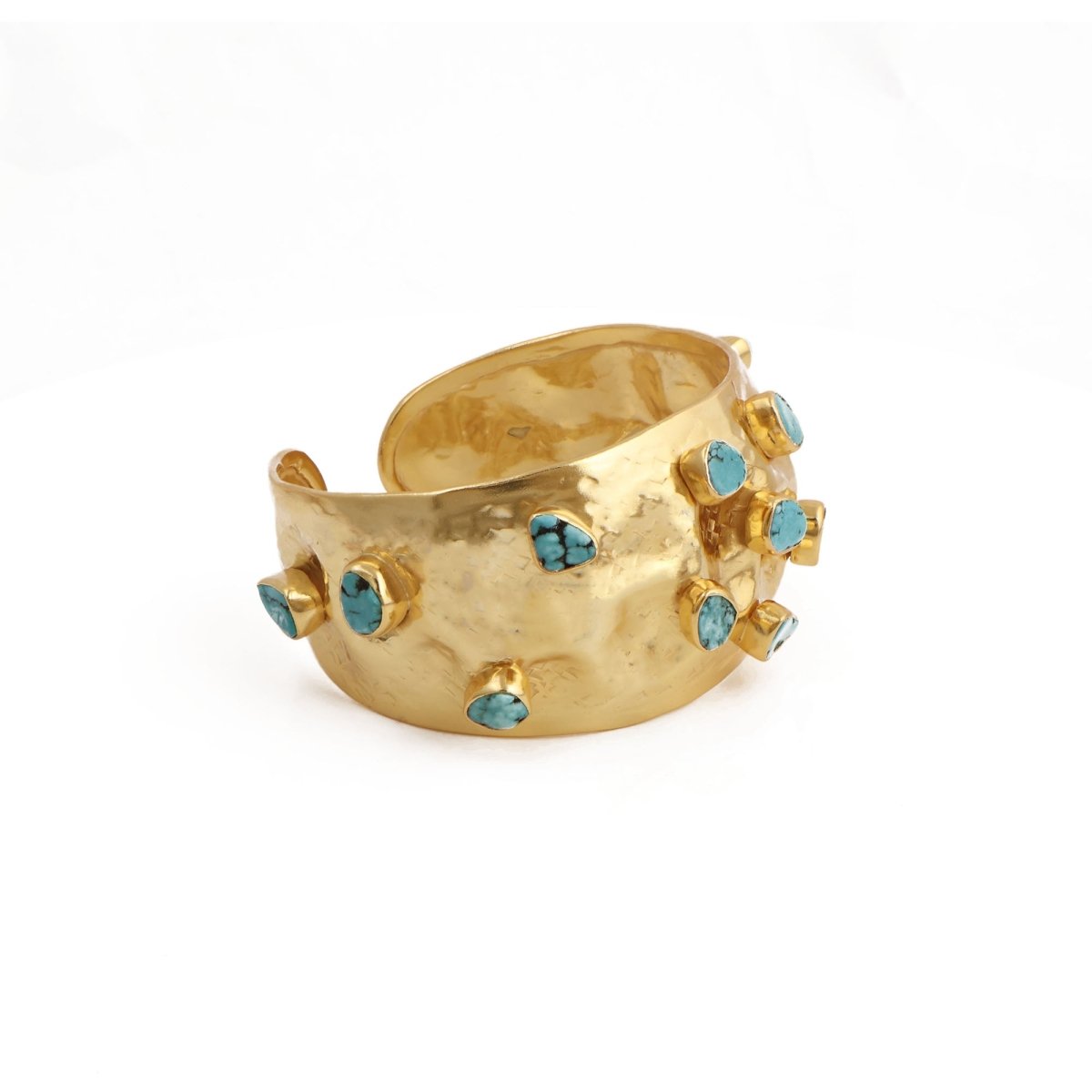 Natural Raw Turquoise Gemstone Hammered Gold - Plated Cuff, Wide Statement Bangle 5470