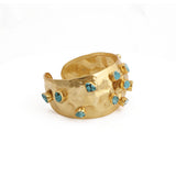 Natural Raw Turquoise Gemstone Hammered Gold - Plated Cuff, Wide Statement Bangle 5470