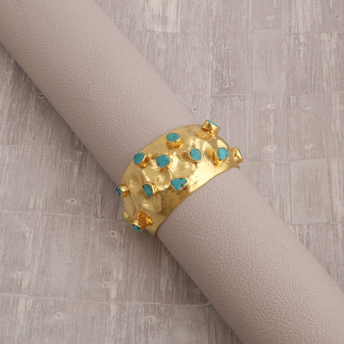 Natural Raw Turquoise Gemstone Hammered Gold - Plated Cuff, Wide Statement Bangle 5470