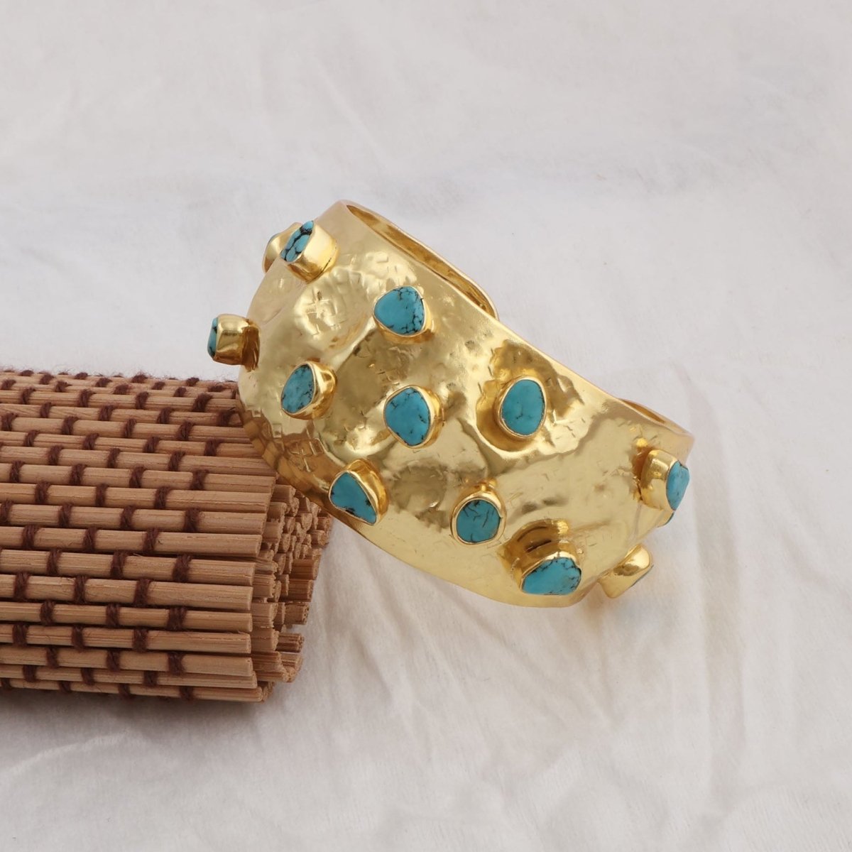 Natural Raw Turquoise Gemstone Hammered Gold - Plated Cuff, Wide Statement Bangle 5470