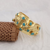 Natural Raw Turquoise Gemstone Hammered Gold - Plated Cuff, Wide Statement Bangle 5470