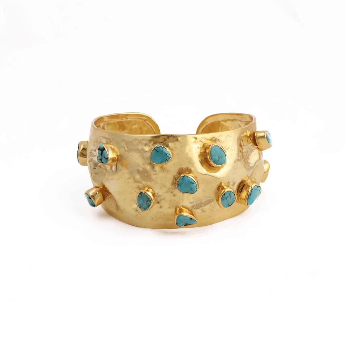 Natural Raw Turquoise Gemstone Hammered Gold - Plated Cuff, Wide Statement Bangle 5470
