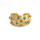 Natural Raw Turquoise Gemstone Hammered Gold - Plated Cuff, Wide Statement Bangle 5470