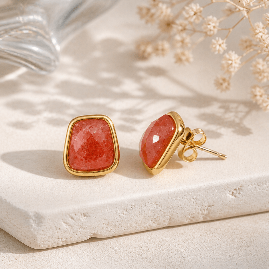 Natural Red Strawberry Quartz Gold Plated Stud Earrings, Minimal Gemstone Jewelry CE-1013 Red Cherry Quartz