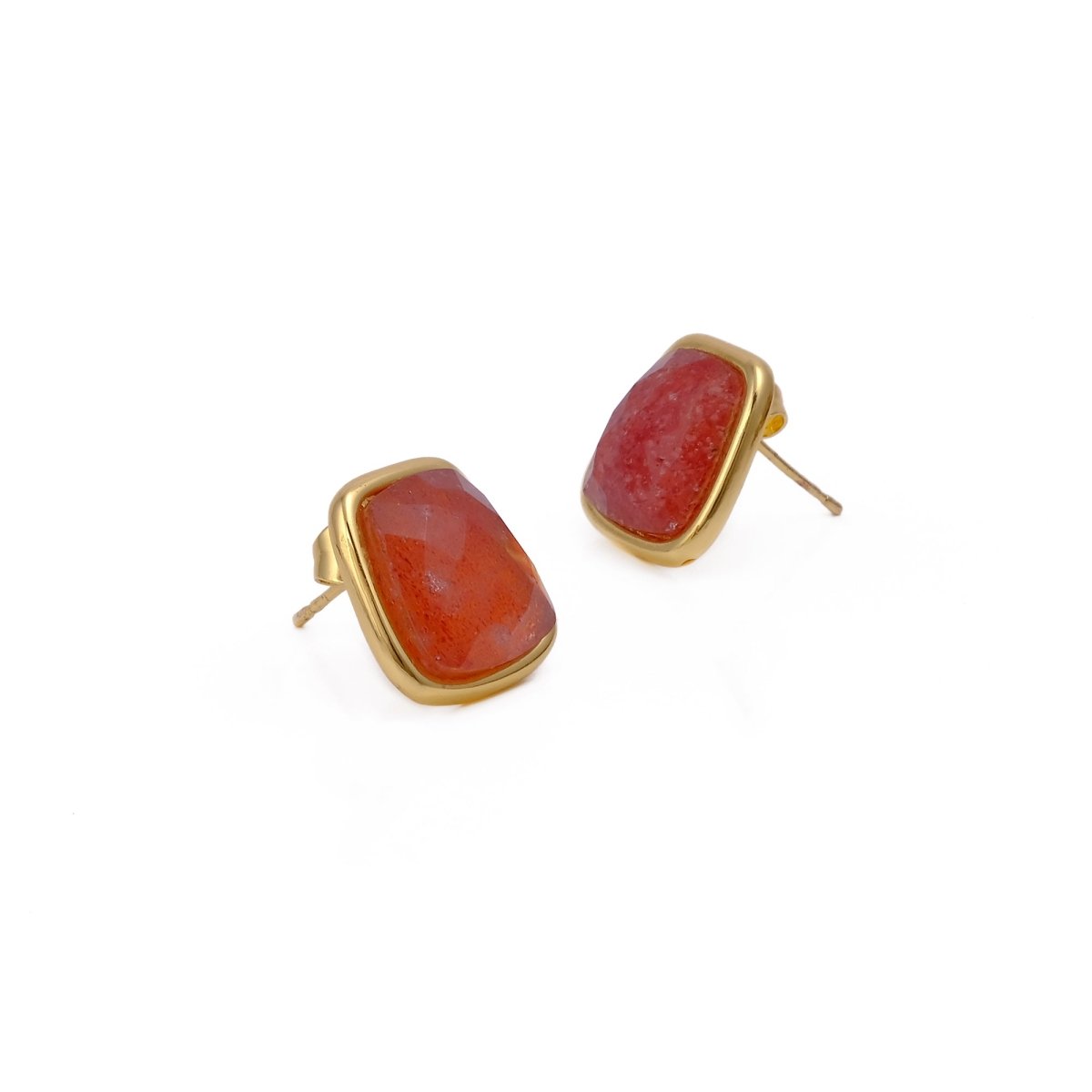 Natural Red Strawberry Quartz Gold Plated Stud Earrings, Minimal Gemstone Jewelry CE-1013