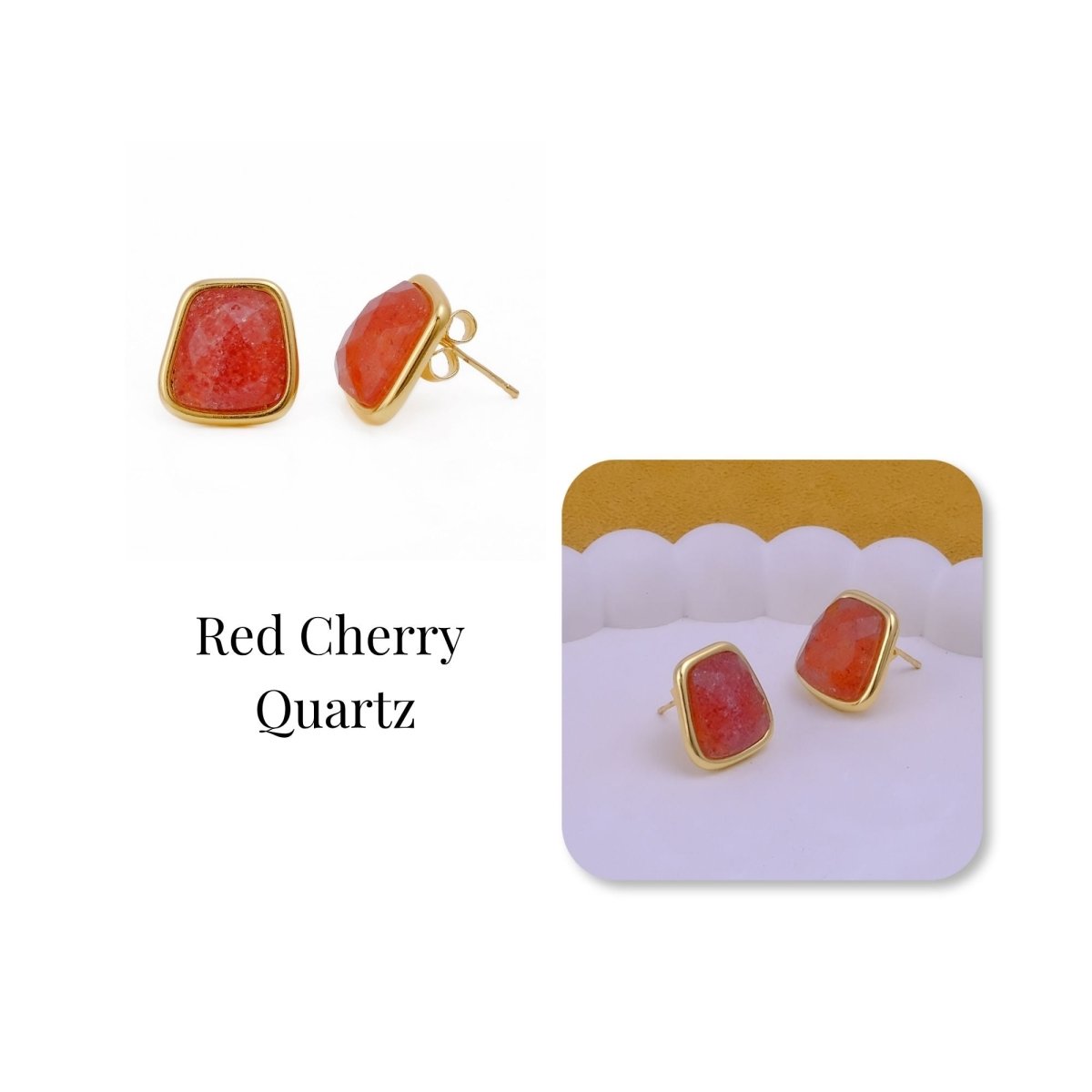 Natural Red Strawberry Quartz Gold Plated Stud Earrings, Minimal Gemstone Jewelry CE-1013