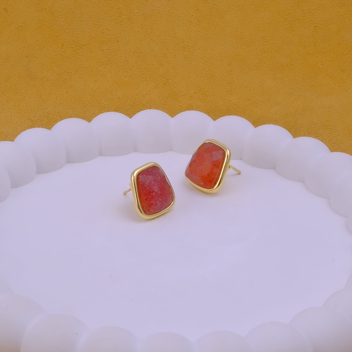 Natural Red Strawberry Quartz Gold Plated Stud Earrings, Minimal Gemstone Jewelry CE-1013