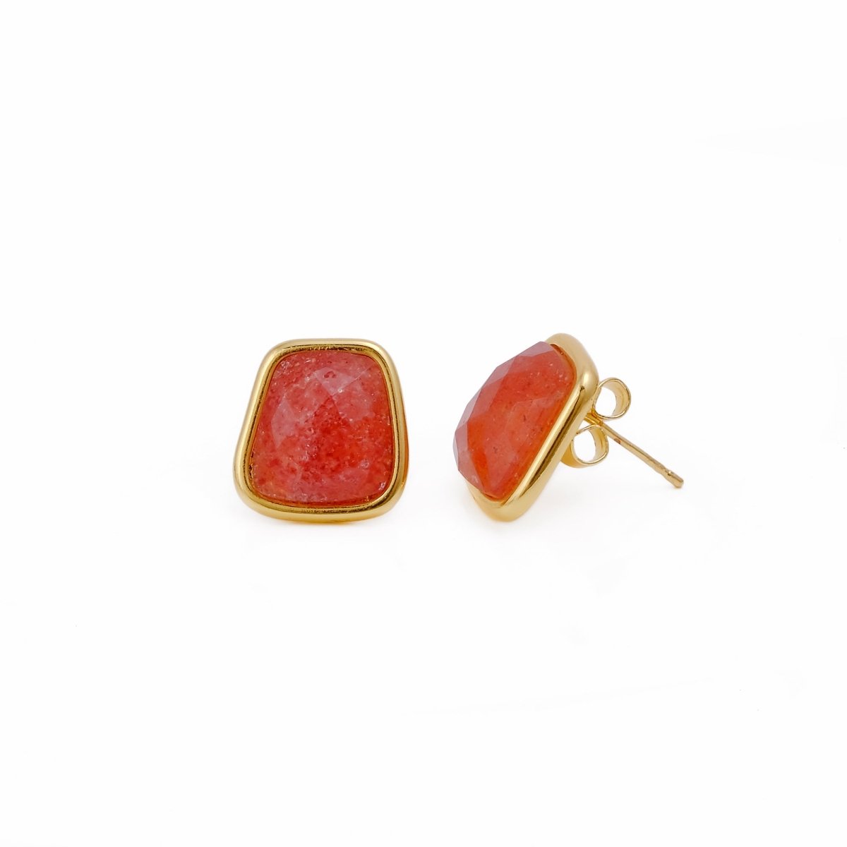 Natural Red Strawberry Quartz Gold Plated Stud Earrings, Minimal Gemstone Jewelry CE-1013